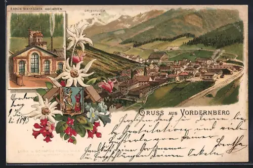 Vorläufer-Lithographie Vordernberg, 1895, Baron Mayrischer Hochofen, Ortsansicht, Wappen und Edelweiss