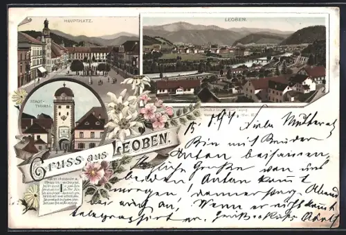 Vorläufer-Lithographie Leoben, 1894, Hauptplatz, Stadtturm und Teilansicht