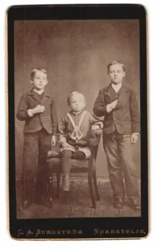 Fotografie C. A. Sundström, Norretelje, Drei Jungen in eleganter Kleidung