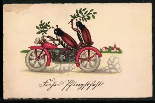 AK Zwei Maikäfer mit frischem Grün fahren auf Motorrad an einer Ortschaft vorbei, Pfingstgruss