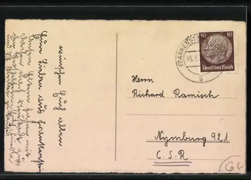 AK Zwei Maikäfer mit frischem Grün fahren auf Motorrad an einer Ortschaft vorbei, Pfingstgruss