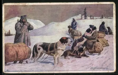 AK K.u.k. Soldaten mit Schlitten- und Sanitätshund im Schnee