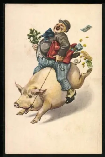 AK Dicker Herr mit Melone u. Geldtasche beim Ritt auf einem Schwein