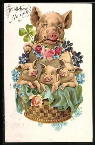 AK Schwein mit blumengeschmücktem Ferkelkorb, Glücksklee, Neujahrsgruss