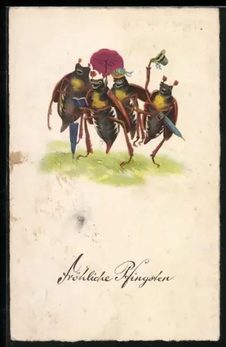 AK Vier Maikäfer mit Schirmen singen gemeinsam, Pfingstgruss