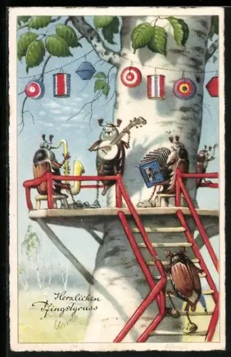 AK Maikäferorchester mit Saxophon, Ziehharmonika und Banjo unter Lampionkette auf einem Birken-Plateau, Pfingstgruss