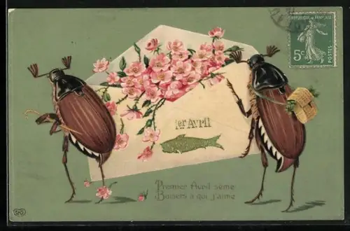 Präge-AK Zwei Maikäfer mit Spazierstock, Glücksklee-Tornister und blumengefülltem Briefumschlag, Fisch, 1er Avril