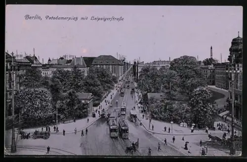 AK Berlin, Potsdamerplatz mit Leipzigerstrasse und Strassenbahnen aus der Vogelschau