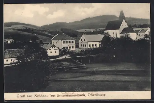 AK Schönau im Mühlkreis, Ortsansicht mit Kirche u. Bergpanorama aus der Vogelschau