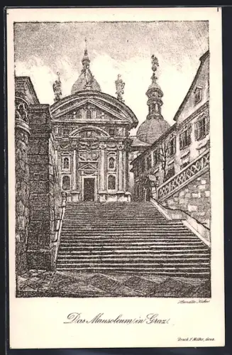 Künstler-AK Graz, Mausoleum mit Zugangstreppe
