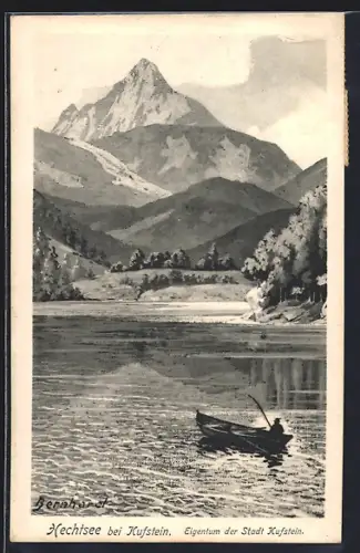 Künstler-AK Kufstein, Blick auf den Hechtsee mit Gebirge, Angler im Ruderboot