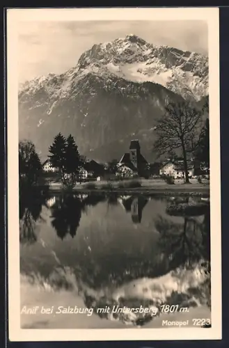 AK Anif bei Salzburg, Ortsansicht mit See und Untersberg