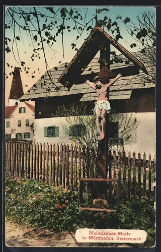 AK Mürzhofen /Steiermark, Teilansicht mit Wegkreuz