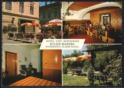 AK Waidhofen an der Thaya, Hotel-Café Hilde Haberl, Innenansicht und Sitze im Garten