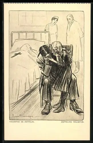 Künstler-AK Louis Raemaekers: Zeppelin Triumphs, 1. Weltkrieg, Opfer von Luftschiffangriff