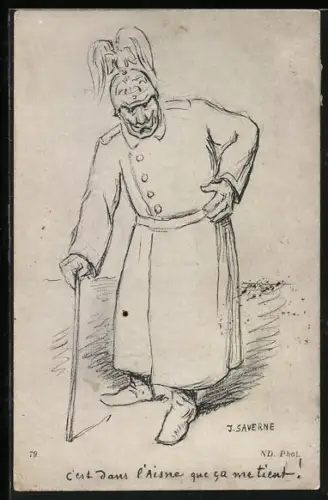AK Kaiser Wilhelm II. mit Gehstock und Rückenleiden, C`est dans l`Aisne que ca me tient!