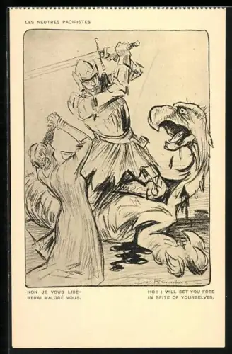 Künstler-AK Louis Raemaekers: Ho! I will set you free in Spite of yourselves, Ritter im Kampf mit einem Drachen