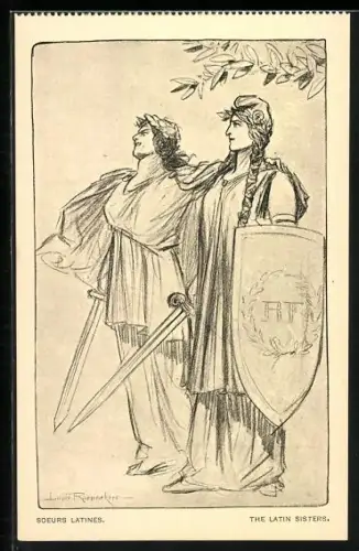 Künstler-AK Louis Raemaekers: The Latin Sisters, Männer mit Schwertern und einem Schild