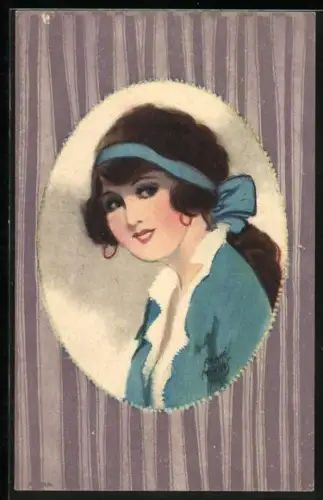 AK Fräulein mit Haarband und Ohrringen, Art Deco