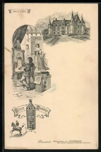 Lithographie Azay-le-Rideau, Schlosspartie, Flasche Elixir Combier, Maler malt Frau in Kleid mit Feder, Reiter