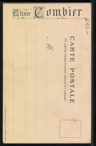 Lithographie Azay-le-Rideau, Schlosspartie, Flasche Elixir Combier, Maler malt Frau in Kleid mit Feder, Reiter