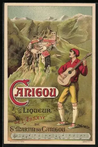 AK St. Martin du Canigou, Mann spielt Gitarre, Reklame für Canigou-Liqueur