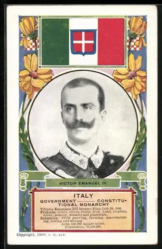 Passepartout-AK Italy, Victor Emanuel III von Italien, Nationalflagge