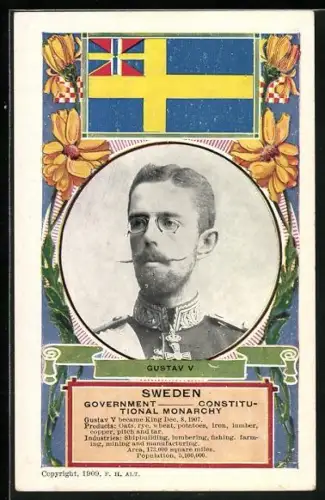 AK Gustav V. von Schweden im Porträt, Fahne und Steckbrief