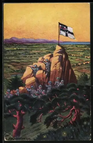 Künstler-AK Tsingtau, Soldaten auf Beobachtungsposten, Kolonialkriegerdank