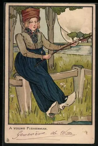 Künstler-Lithographie Angelnde Niederländerin