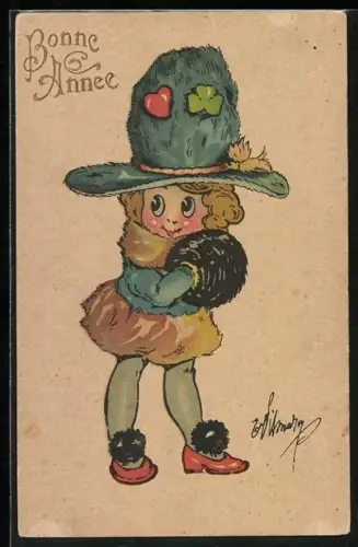 AK Kleines Mädchen mit Pelzhut mit Herz und Kleeblatt