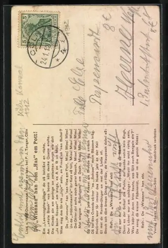 Künstler-AK Familie am Kochtopf, Mann jagt Katzen vom Dach, Kölsch Katzelied Carneval 1912