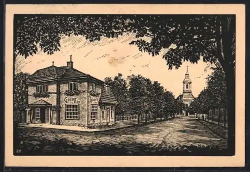 Künstler-AK Maria-Enzersdorf, Restaurant Gösser-Bierstüberl, Kirchengasse 24, Bes. Karl Kastner