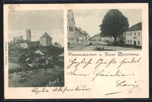 AK Oberneukirchen, Ortspartie mit Wohnhäusern, Ruine Waxenberg