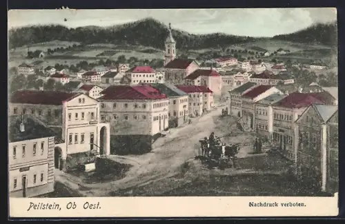 AK Peilstein, Strassenpartie mit Kirche und Pferdewagen