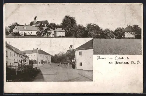 AK Reinbach, Strassenpartie im Ort, Teilansicht mit Kirche