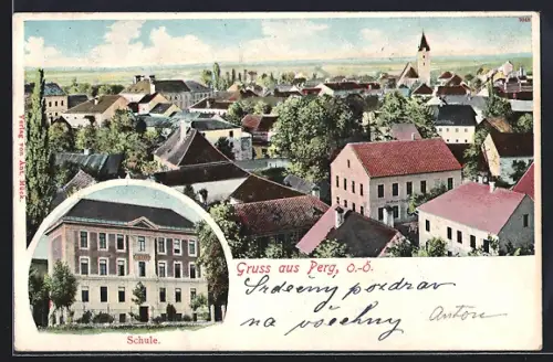 AK Perg /O.-Ö., Partie an der Schule, Ortsansicht