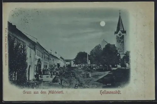 Mondschein-AK Hellmonsödt /Mühlviertl, Ortspartie mit Blick auf die Kirche
