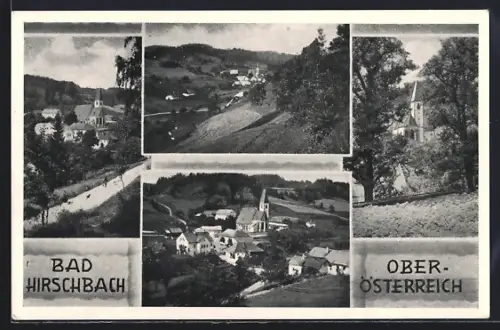 AK Hirschbach im Mühlkreis, Bad Hirschbach, Teilansichten mit Kirche und Feldern