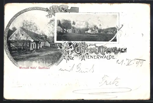 AK Unter-Kirchbach im Wienerwalde, Michael Nolz` Gasthaus, Ortsansicht mit Kirche