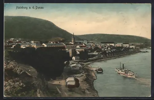 AK Hainburg a. d. Donau, Ortspanorama, Dampfer