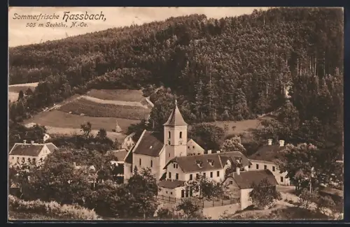 AK Hassbach, Ortsansicht mit Wald und Talpanorama