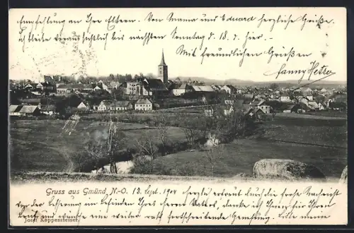 AK Gmünd /N.-Ö., Ortsansicht über Weide und Bach