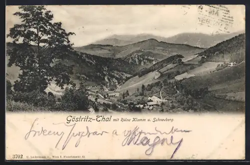 AK Göstritz-Thal, Blick auf Ruine Klamm und Schneeberg