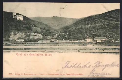 AK Greifenstein /N.-Oe., Ortsansicht vom Wasser aus