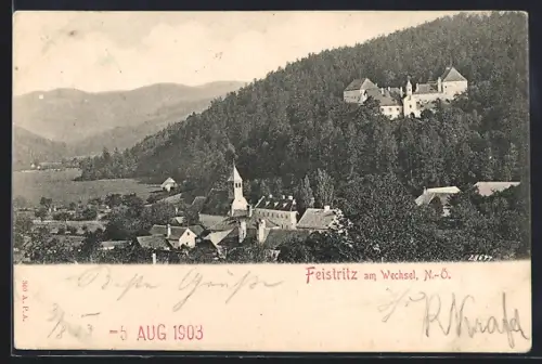 AK Feistritz am Wechsel, Teilansicht mit Bergpanorama aus der Vogelschau