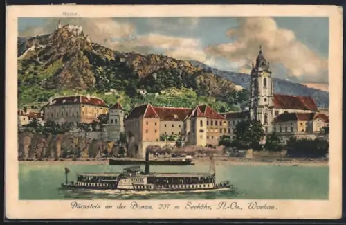 AK Dürnstein an der Donau, Flusspartie mit Dampfer, Ruine und Kirche