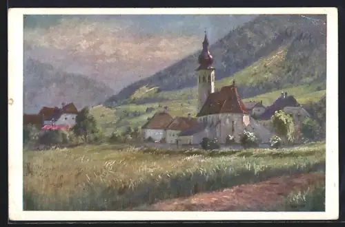 Künstler-AK Aggsbach i.d. Wachau, Teilansicht mit Kirche
