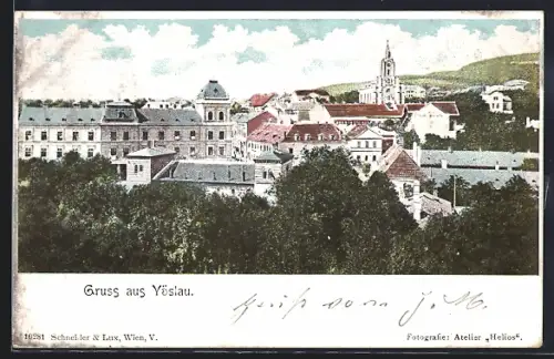 AK Vöslau, Blick über die Dächer, Kirche