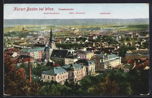 AK Baden bei Wien, Totalansicht mit Stadt-Pfarrkirche, Kuranstalt u. Theater